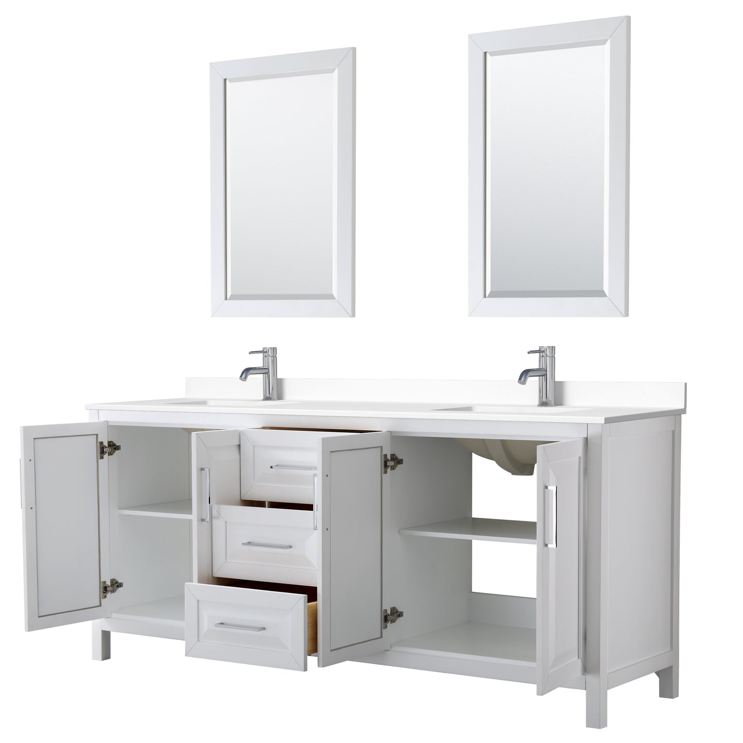 Daria 80" Double Vanity in White, White Cultured Marble Top, Sinks, 24" Mirrors
