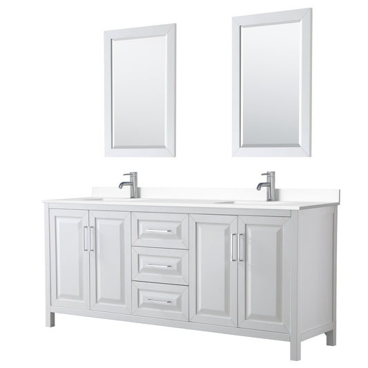Daria 80" Double Vanity in White, White Cultured Marble Top, Sinks, 24" Mirrors