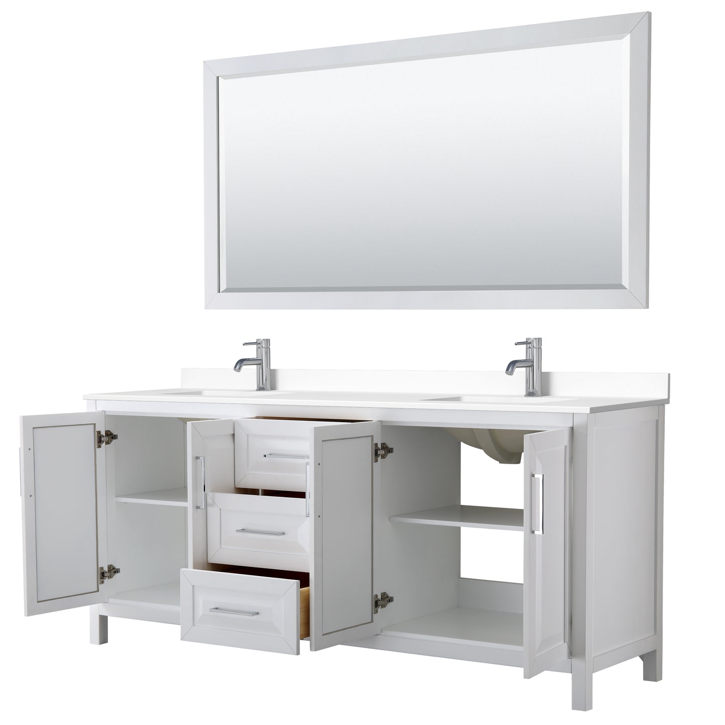 Daria 80" Double Vanity in White, White Cultured Marble Top, Sinks, 70" Mirror