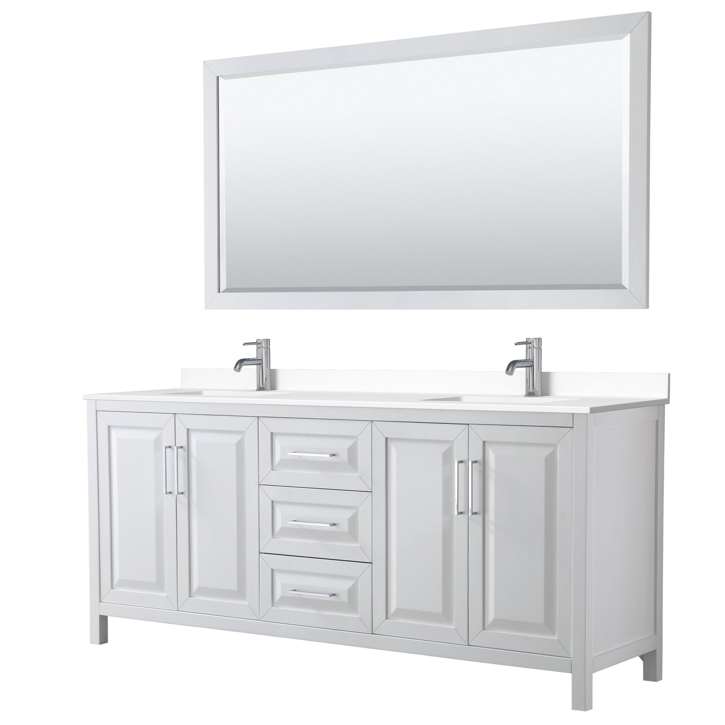 Daria 80" Double Vanity in White, White Cultured Marble Top, Sinks, 70" Mirror