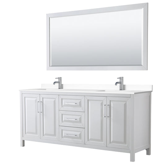 Daria 80" Double Vanity in White, White Cultured Marble Top, Sinks, 70" Mirror