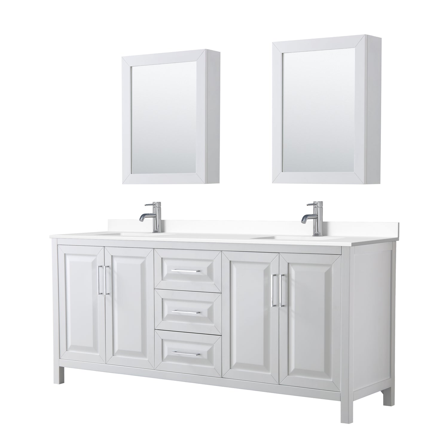 Daria 80" Double Vanity in White, White Cultured Marble Top, Medicine Cabinets