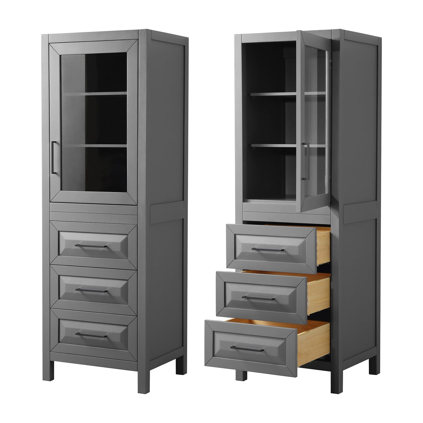 Daria Linen Tower in Dark Gray, Black Trim, Shelved Cabinet Storage, 3 Drawers