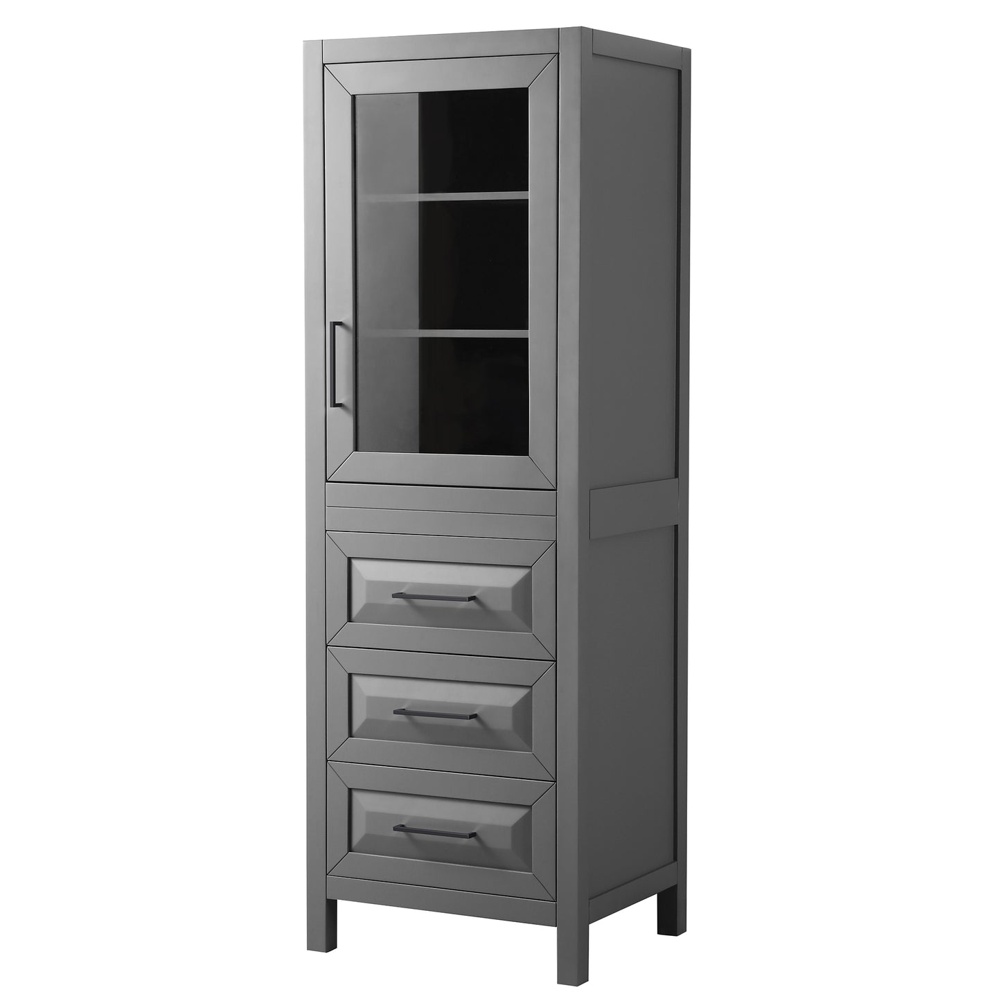 Daria Linen Tower in Dark Gray, Black Trim, Shelved Cabinet Storage, 3 Drawers