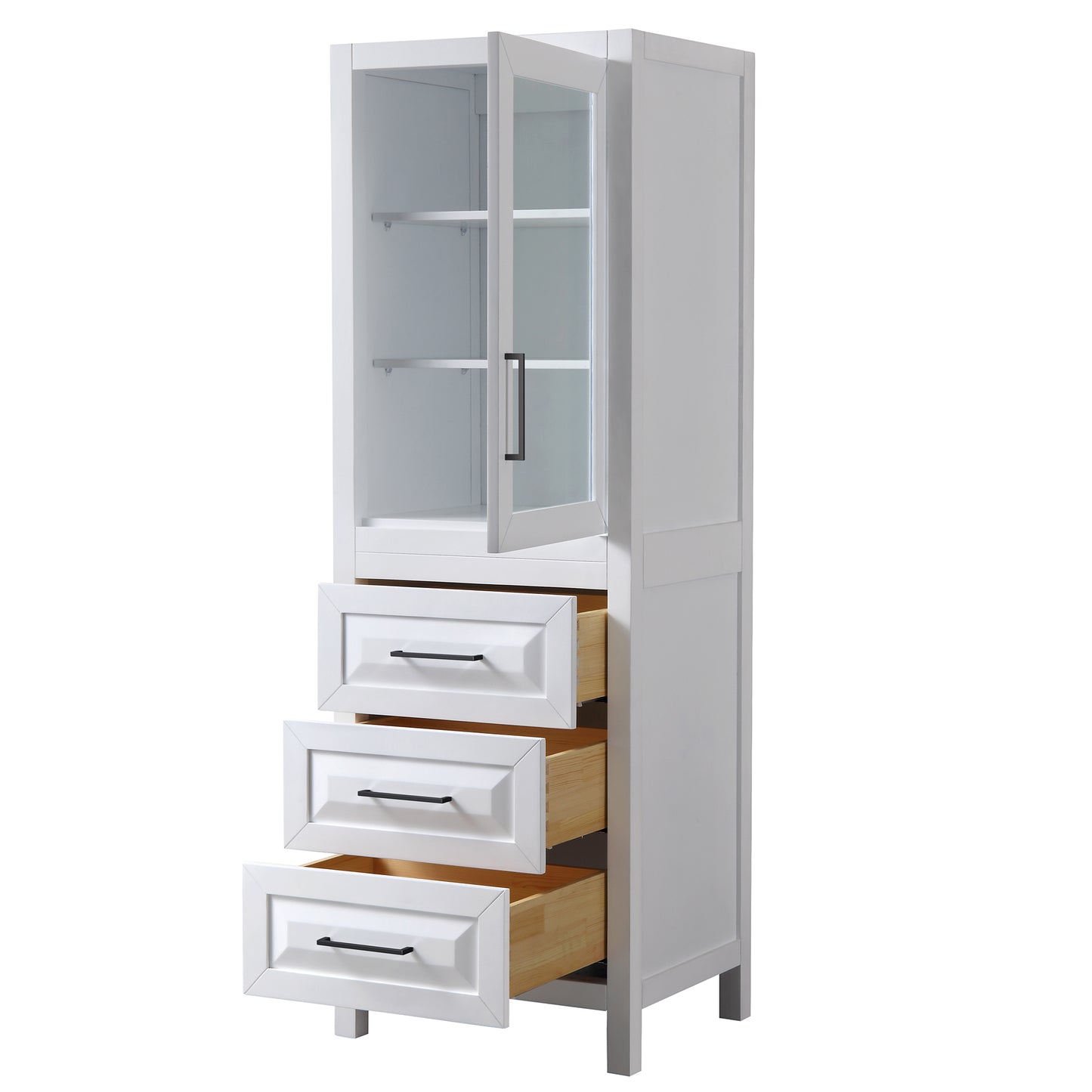 Daria Linen Tower in White, Matte Black Trim, Shelved Cabinet Storage, 3 Drawers
