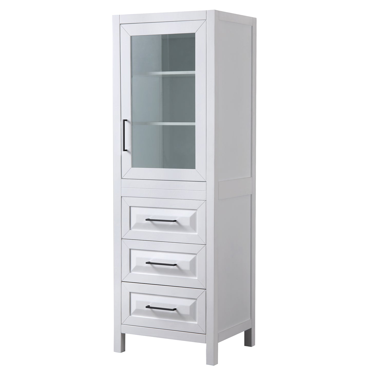 Daria Linen Tower in White, Matte Black Trim, Shelved Cabinet Storage, 3 Drawers