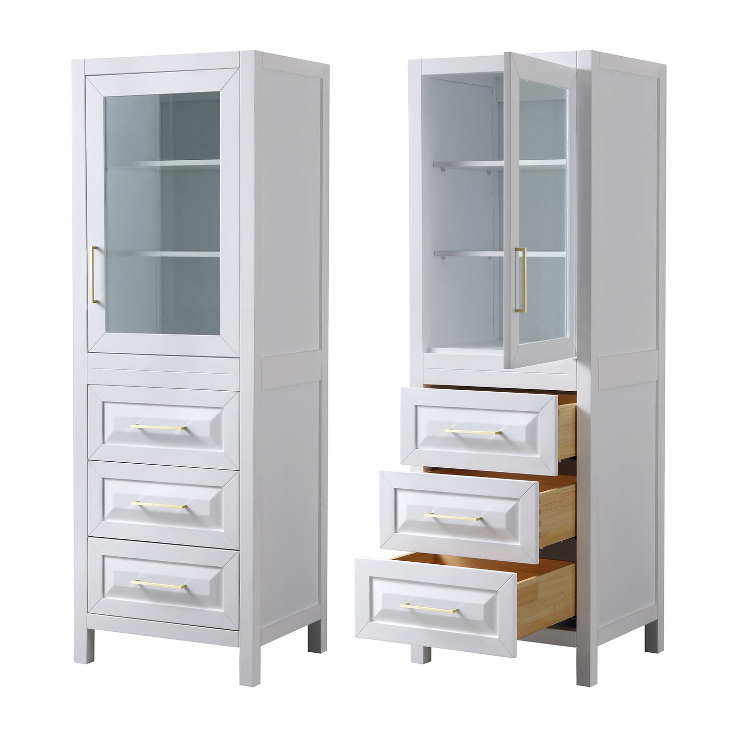 Daria White Linen Tower, Brushed Gold Trim, Shelved Cabinet Storage, 3 Drawers