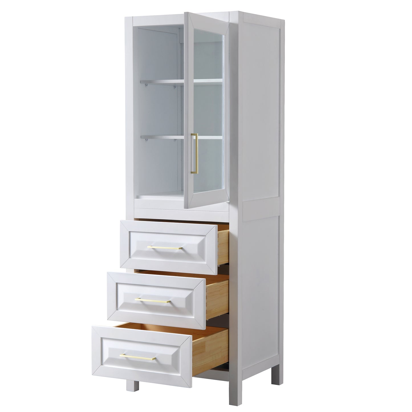 Daria White Linen Tower, Brushed Gold Trim, Shelved Cabinet Storage, 3 Drawers