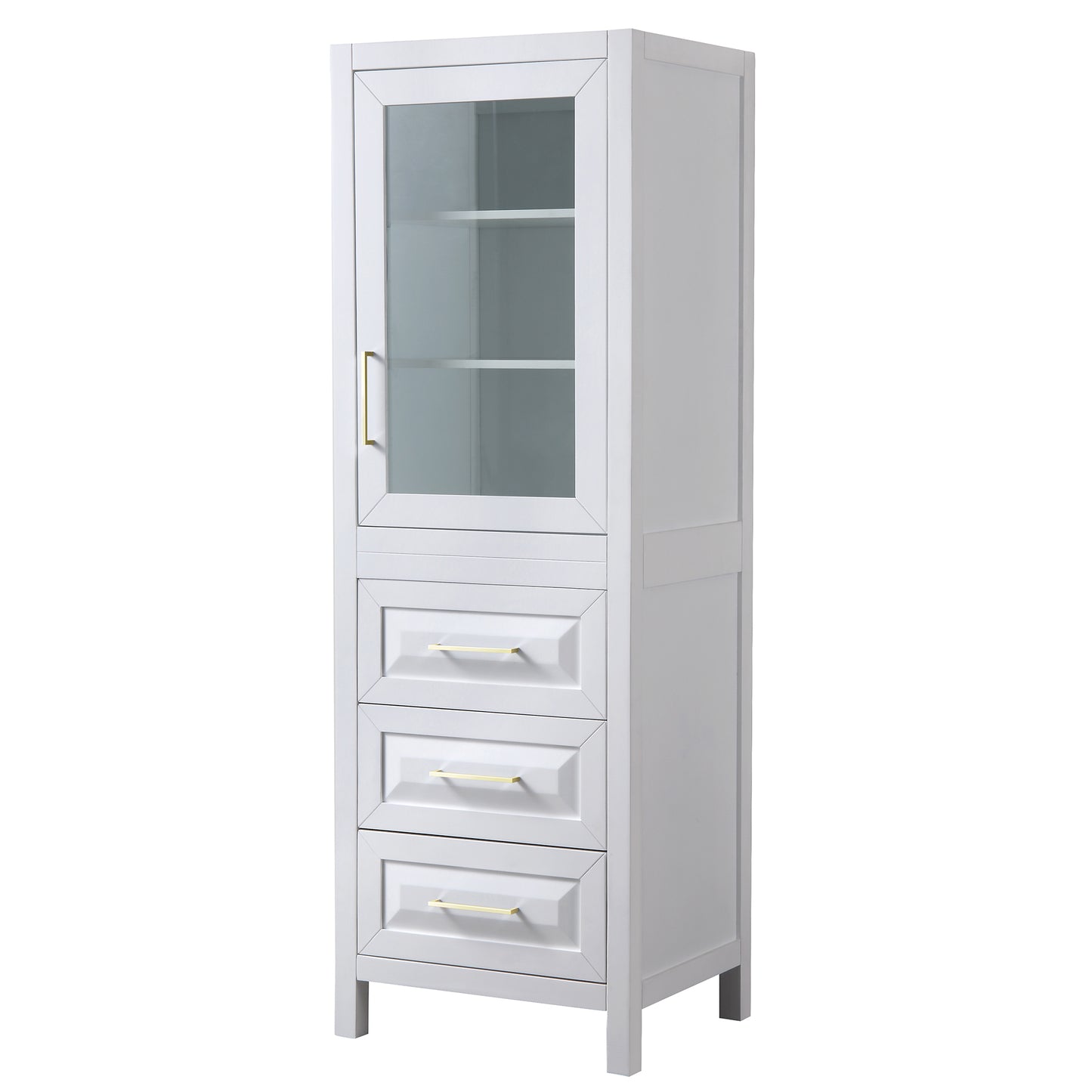 Daria White Linen Tower, Brushed Gold Trim, Shelved Cabinet Storage, 3 Drawers
