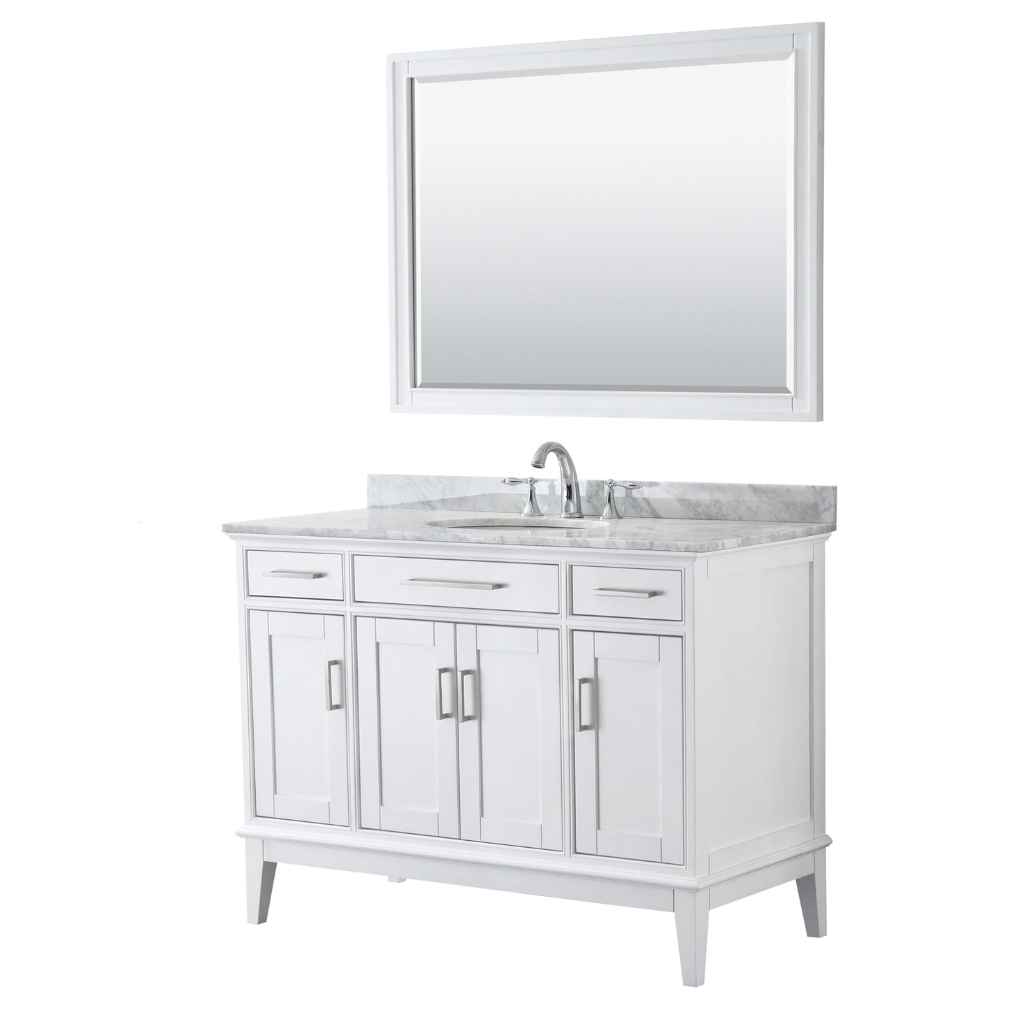 Margate 48 Inch Single Bathroom Vanity in White, White Carrara Marble Countertop, Undermount Oval Sink, and 44 Inch Mirror