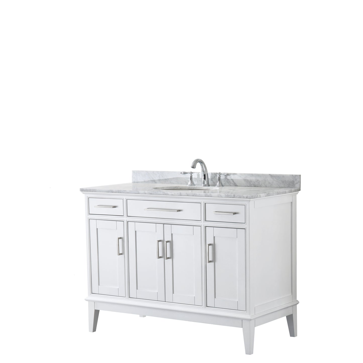 Margate 48 Inch Single Bathroom Vanity in White, White Carrara Marble Countertop, Undermount Oval Sink, and No Mirror