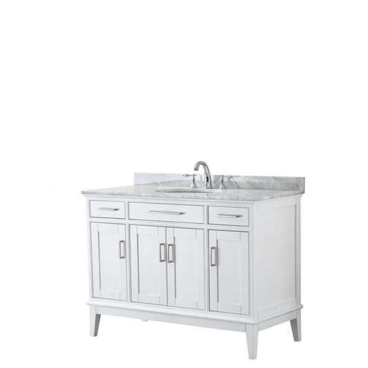 Margate 48 Inch Single Bathroom Vanity in White, White Carrara Marble Countertop, Undermount Oval Sink, and No Mirror