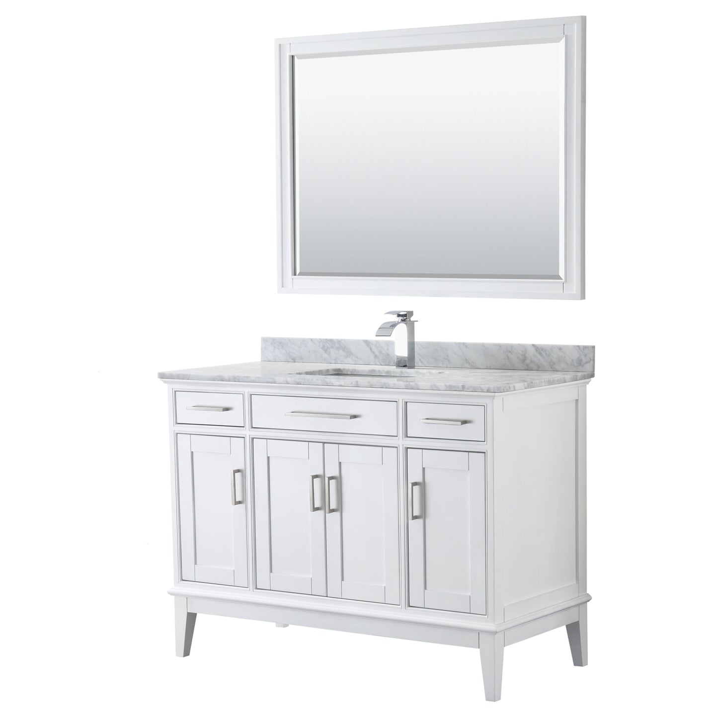 Margate 48 Inch Single Bathroom Vanity in White, White Carrara Marble Countertop, Undermount Square Sink, and 44 Inch Mirror