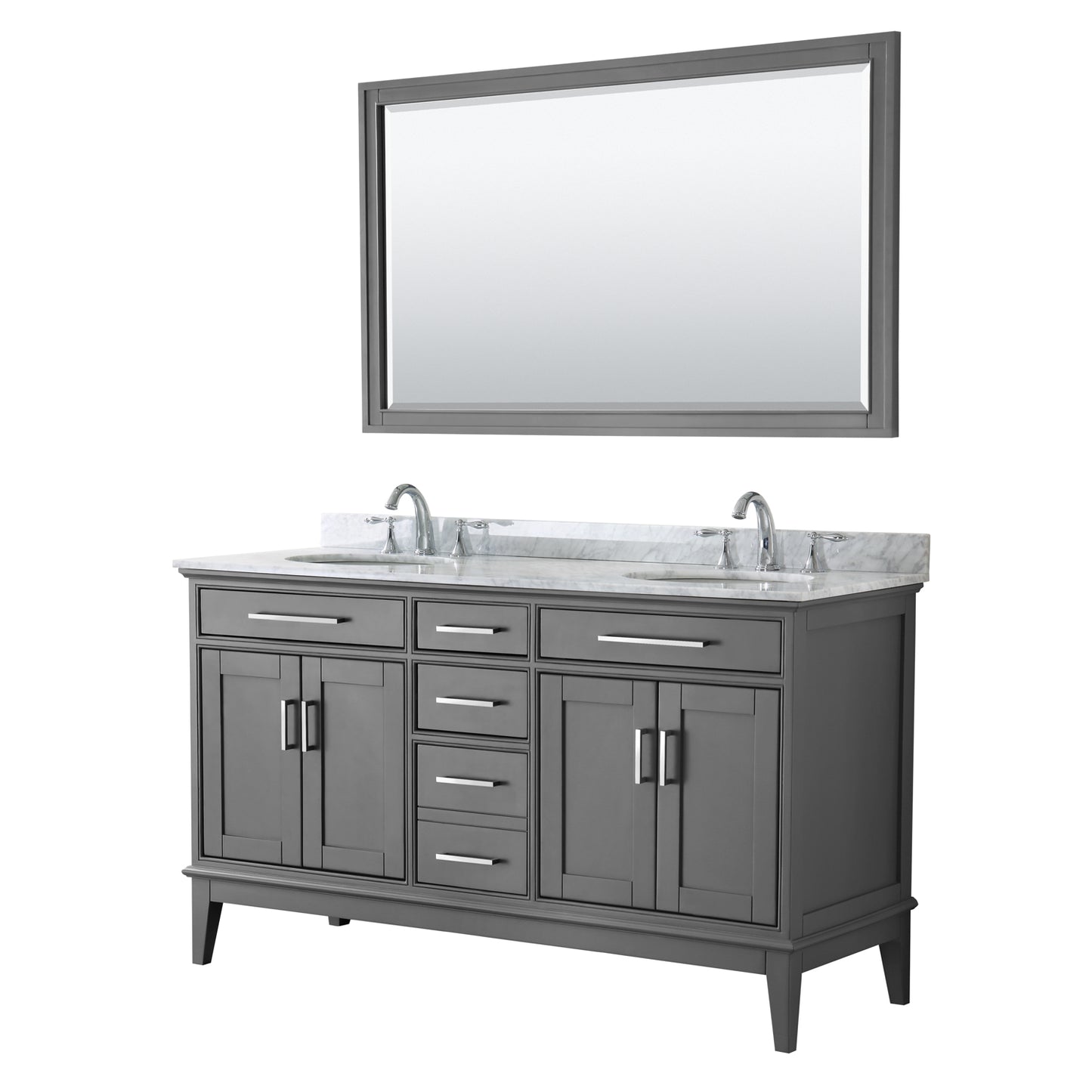 Margate 60 Inch Double Bathroom Vanity in Dark Gray, White Carrara Marble Countertop, Undermount Oval Sinks, and 56 Inch Mirror