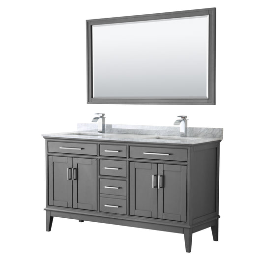 Margate 60 Inch Double Bathroom Vanity in Dark Gray, White Carrara Marble Countertop, Undermount Square Sinks, and 56 Inch Mirror