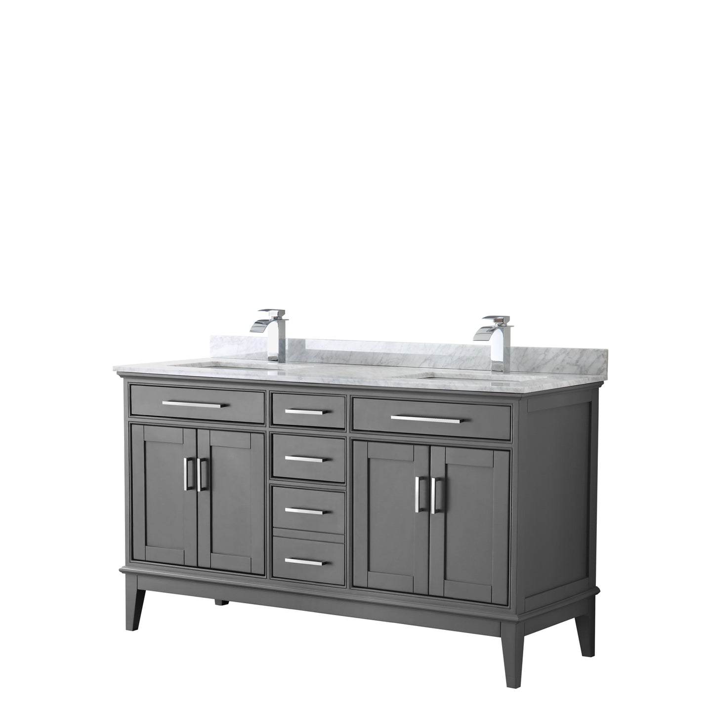 Margate 60 Inch Double Bathroom Vanity in Dark Gray, White Carrara Marble Countertop, Undermount Square Sinks, and No Mirror