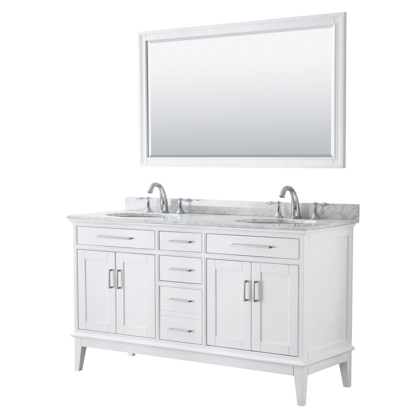 Margate 60 Inch Double Bathroom Vanity in White, White Carrara Marble Countertop, Undermount Oval Sinks, and 56 Inch Mirror