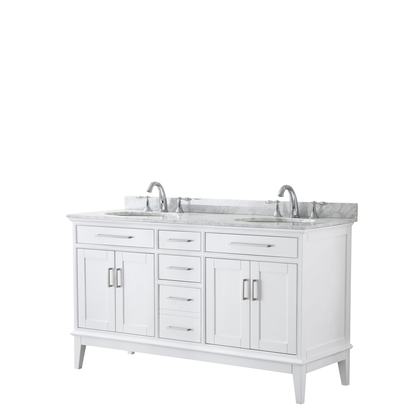 Margate 60 Inch Double Bathroom Vanity in White, White Carrara Marble Countertop, Undermount Oval Sinks, and No Mirror