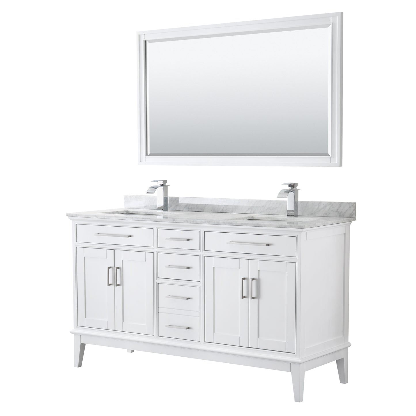 Margate 60 Inch Double Bathroom Vanity in White, White Carrara Marble Countertop, Undermount Square Sinks, and 56 Inch Mirror