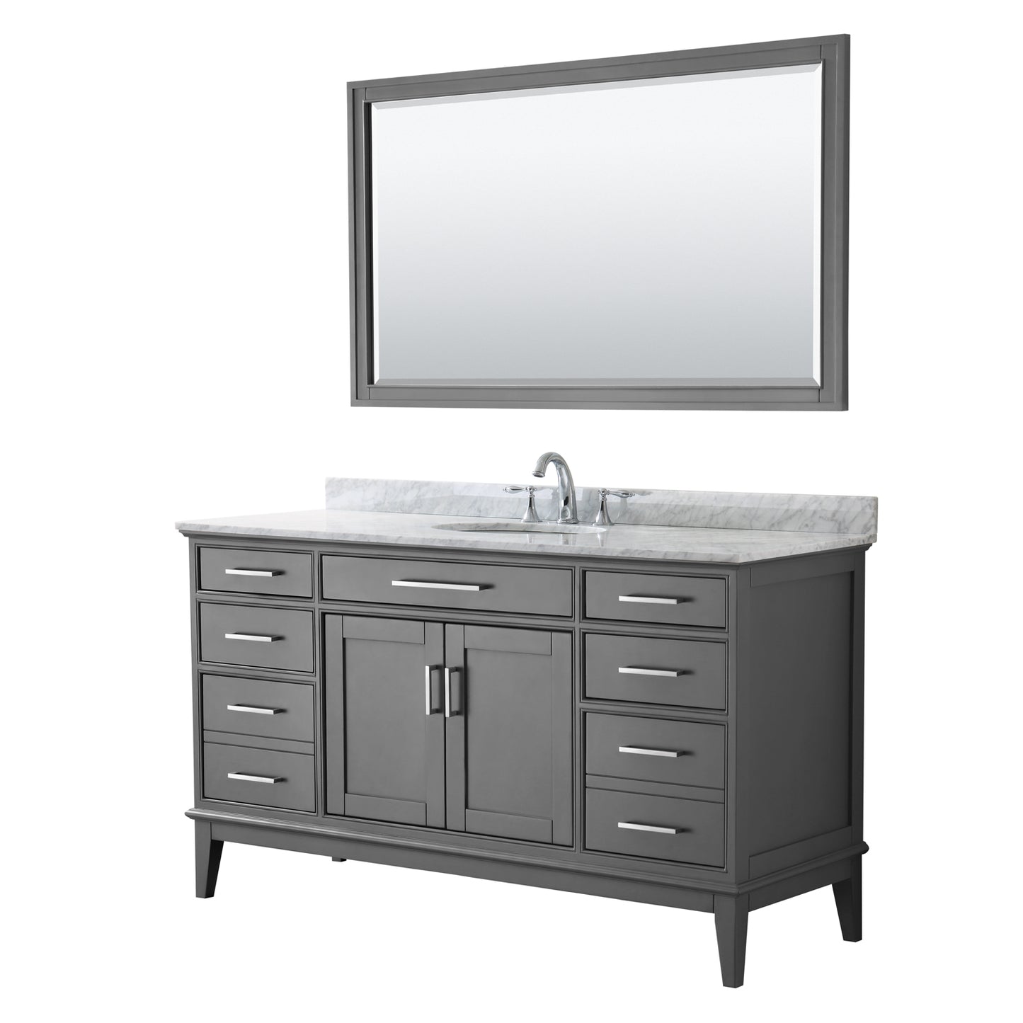 Margate 60 Inch Single Bathroom Vanity in Dark Gray, White Carrara Marble Countertop, Undermount Oval Sink, and 56 Inch Mirror