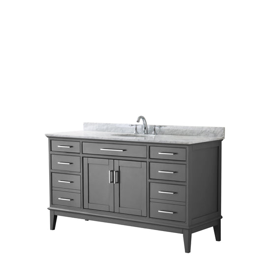 Margate 60 Inch Single Bathroom Vanity in Dark Gray, White Carrara Marble Countertop, Undermount Oval Sink, and No Mirror