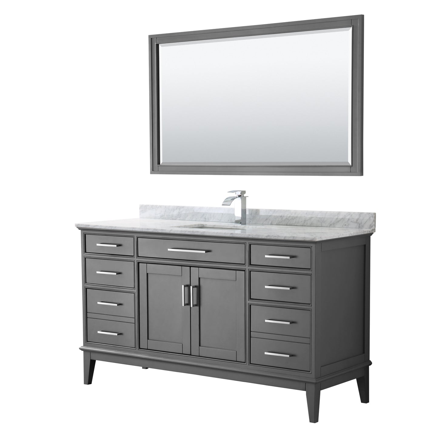 Margate 60 Inch Single Bathroom Vanity in Dark Gray, White Carrara Marble Countertop, Undermount Square Sink, and 56 Inch Mirror