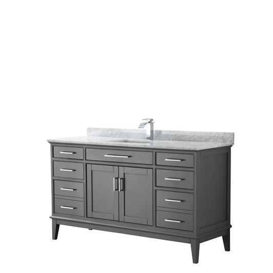 Margate 60 Inch Single Bathroom Vanity in Dark Gray, White Carrara Marble Countertop, Undermount Square Sink, and No Mirror