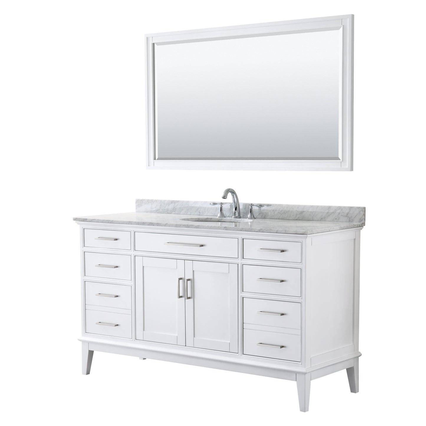 Margate 60 Inch Single Bathroom Vanity in White, White Carrara Marble Countertop, Undermount Oval Sink, and 56 Inch Mirror