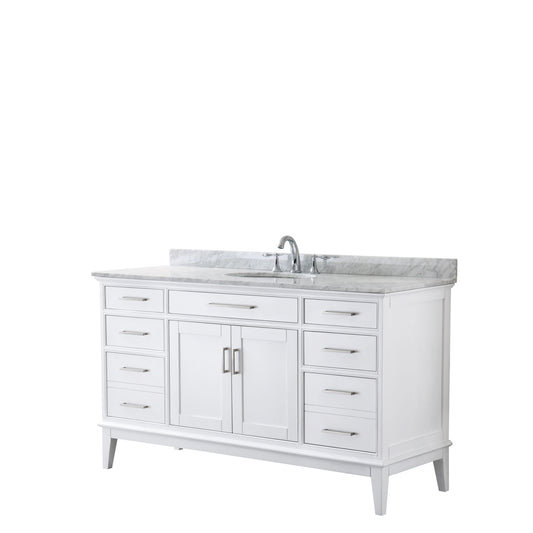 Margate 60 Inch Single Bathroom Vanity in White, White Carrara Marble Countertop, Undermount Oval Sink, and No Mirror