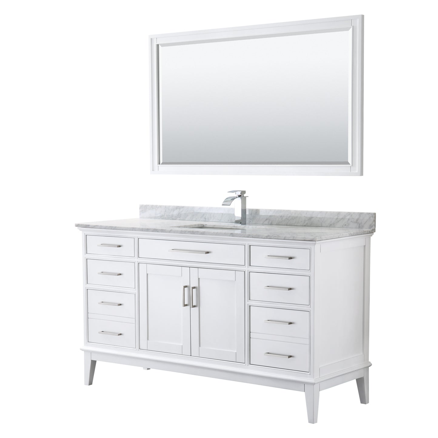 Margate 60 Inch Single Bathroom Vanity in White, White Carrara Marble Countertop, Undermount Square Sink, and 56 Inch Mirror