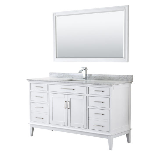 Margate 60 Inch Single Bathroom Vanity in White, White Carrara Marble Countertop, Undermount Square Sink, and 56 Inch Mirror