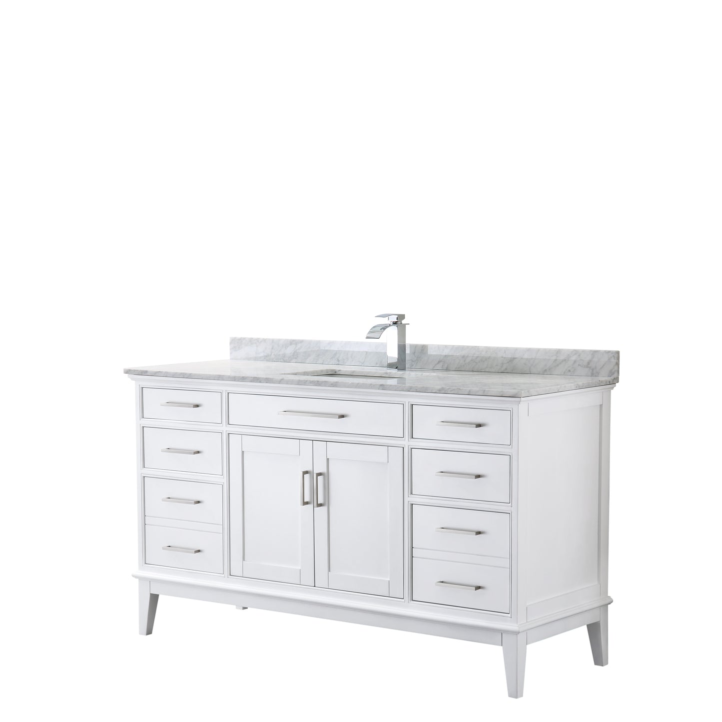 Margate 60 Inch Single Bathroom Vanity in White, White Carrara Marble Countertop, Undermount Square Sink, and No Mirror