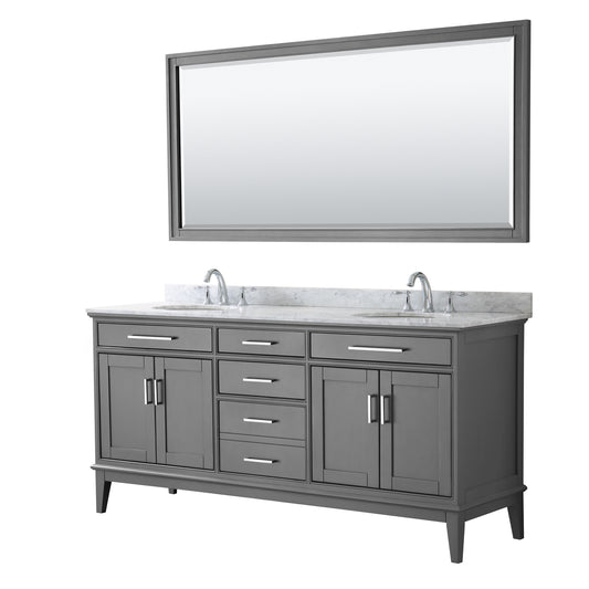 Margate 72 Inch Double Bathroom Vanity in Dark Gray, White Carrara Marble Countertop, Undermount Oval Sinks, and 70 Inch Mirror