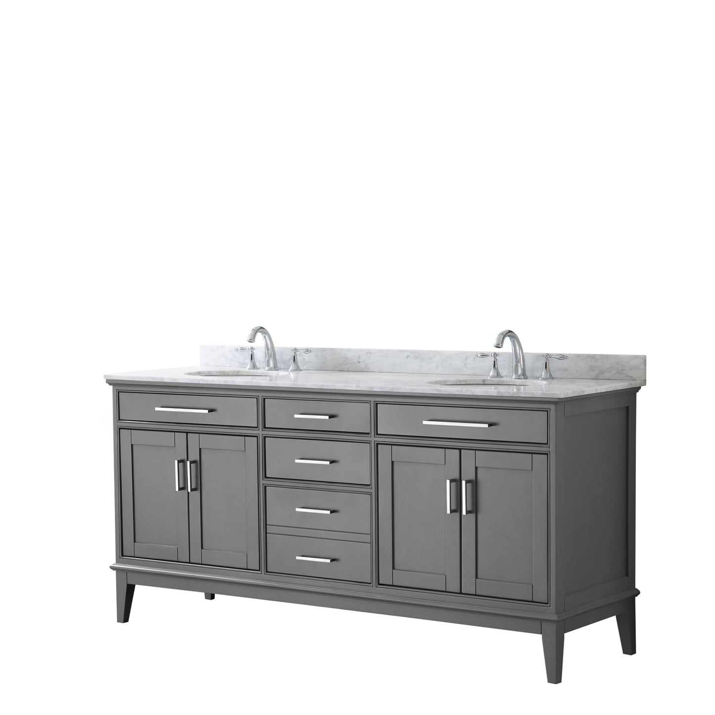 Margate 72 Inch Double Bathroom Vanity in Dark Gray, White Carrara Marble Countertop, Undermount Oval Sinks, and No Mirror