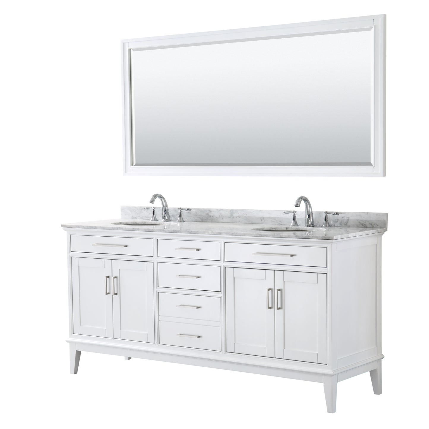 Margate 72 Inch Double Bathroom Vanity in White, White Carrara Marble Countertop, Undermount Oval Sinks, and 70 Inch Mirror