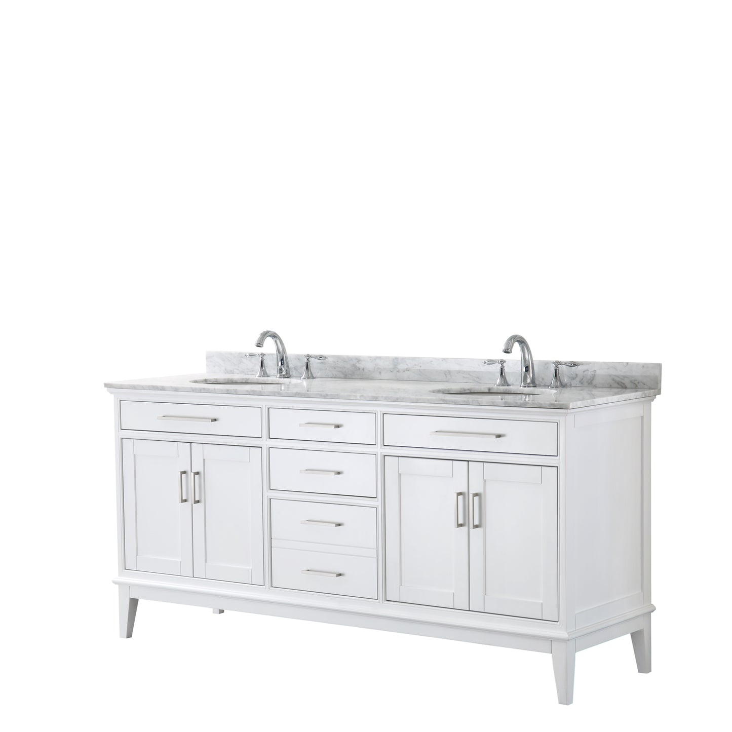 Margate 72 Inch Double Bathroom Vanity in White, White Carrara Marble Countertop, Undermount Oval Sinks, and No Mirror