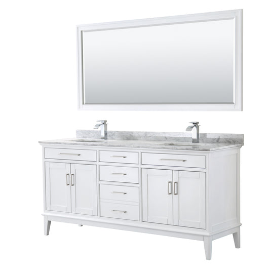 Margate 72 Inch Double Bathroom Vanity in White, White Carrara Marble Countertop, Undermount Square Sinks, and 70 Inch Mirror