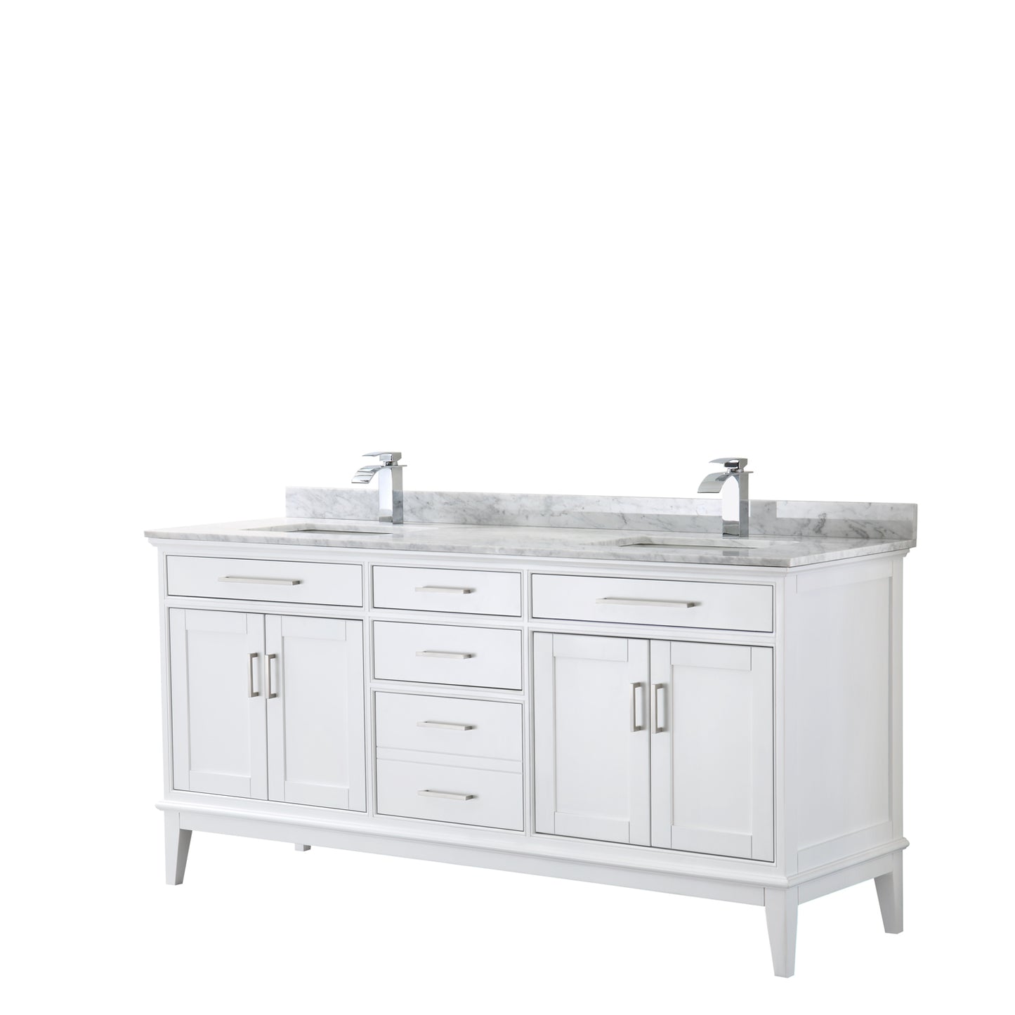 Margate 72 Inch Double Bathroom Vanity in White, White Carrara Marble Countertop, Undermount Square Sinks, and No Mirror