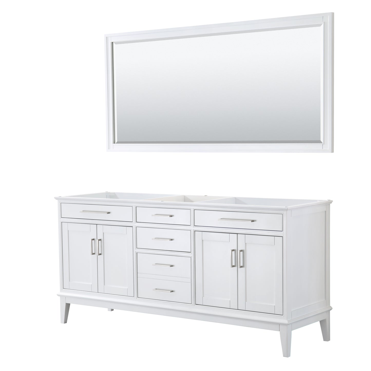 Margate 72 Inch Double Bathroom Vanity in White, No Countertop, No Sink, and 70 Inch Mirror