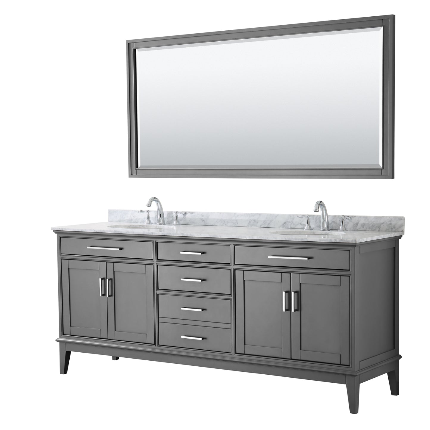 Margate 80 Inch Double Bathroom Vanity in Dark Gray, White Carrara Marble Countertop, Undermount Oval Sinks, and 70 Inch Mirror