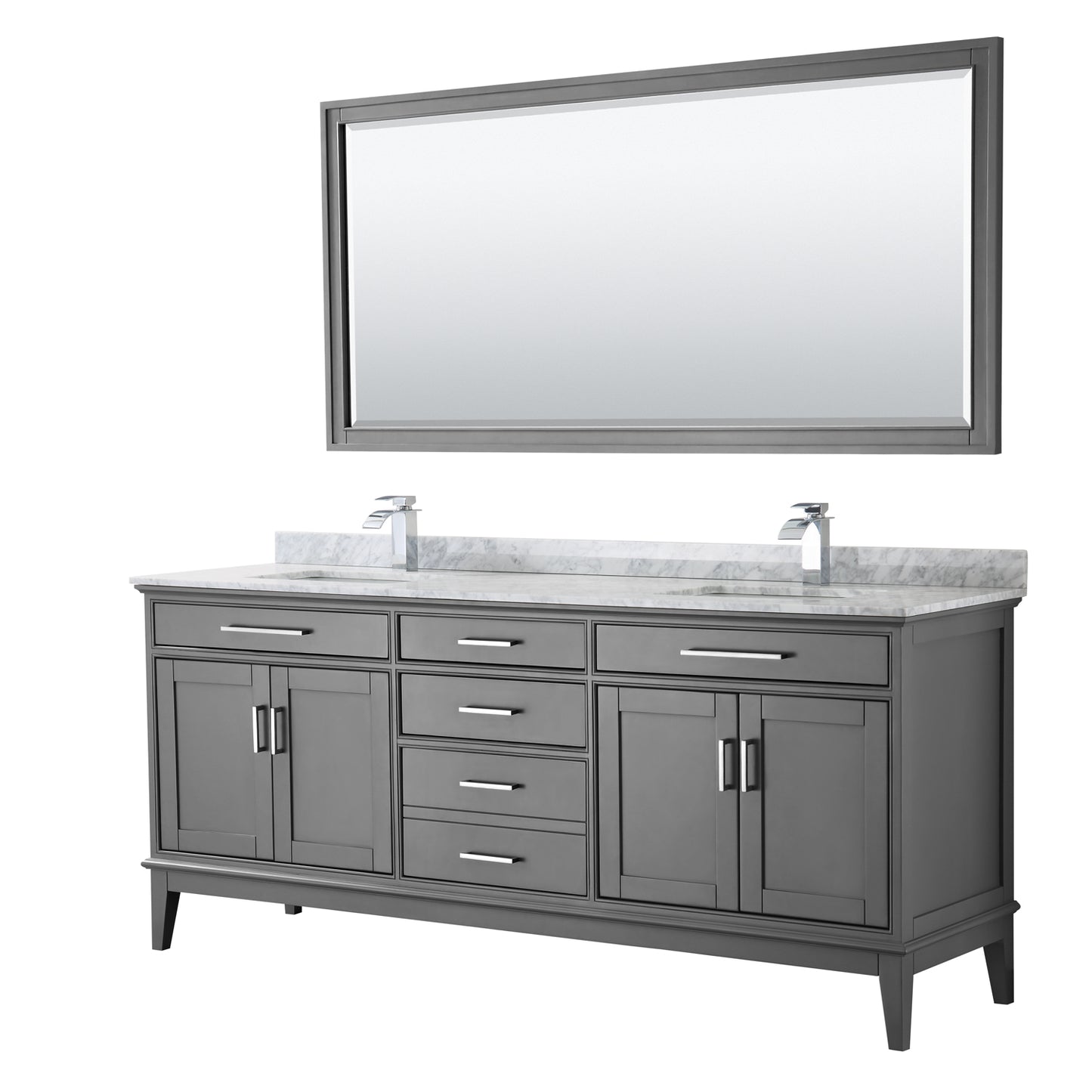 Margate 80 Inch Double Bathroom Vanity in Dark Gray, White Carrara Marble Countertop, Undermount Square Sinks, and 70 Inch Mirror