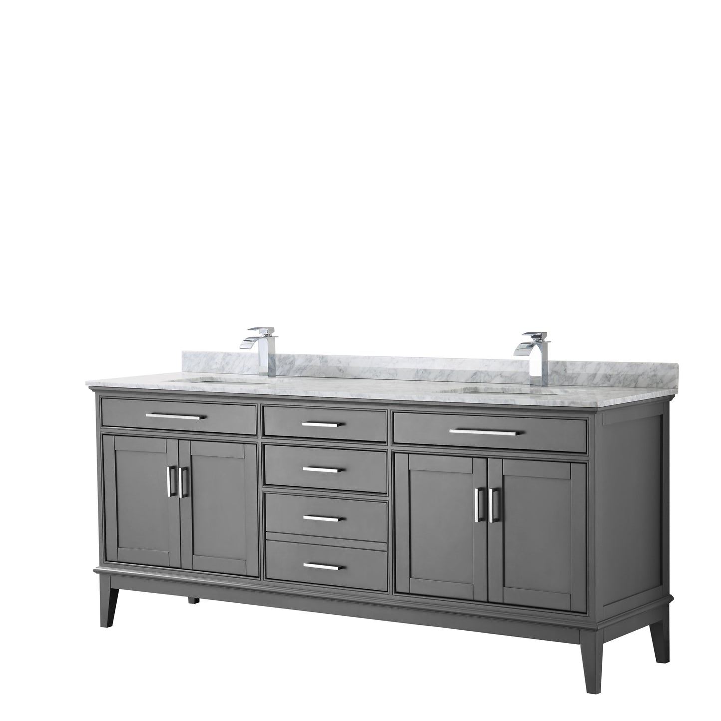 Margate 80 Inch Double Bathroom Vanity in Dark Gray, White Carrara Marble Countertop, Undermount Square Sinks, and No Mirror