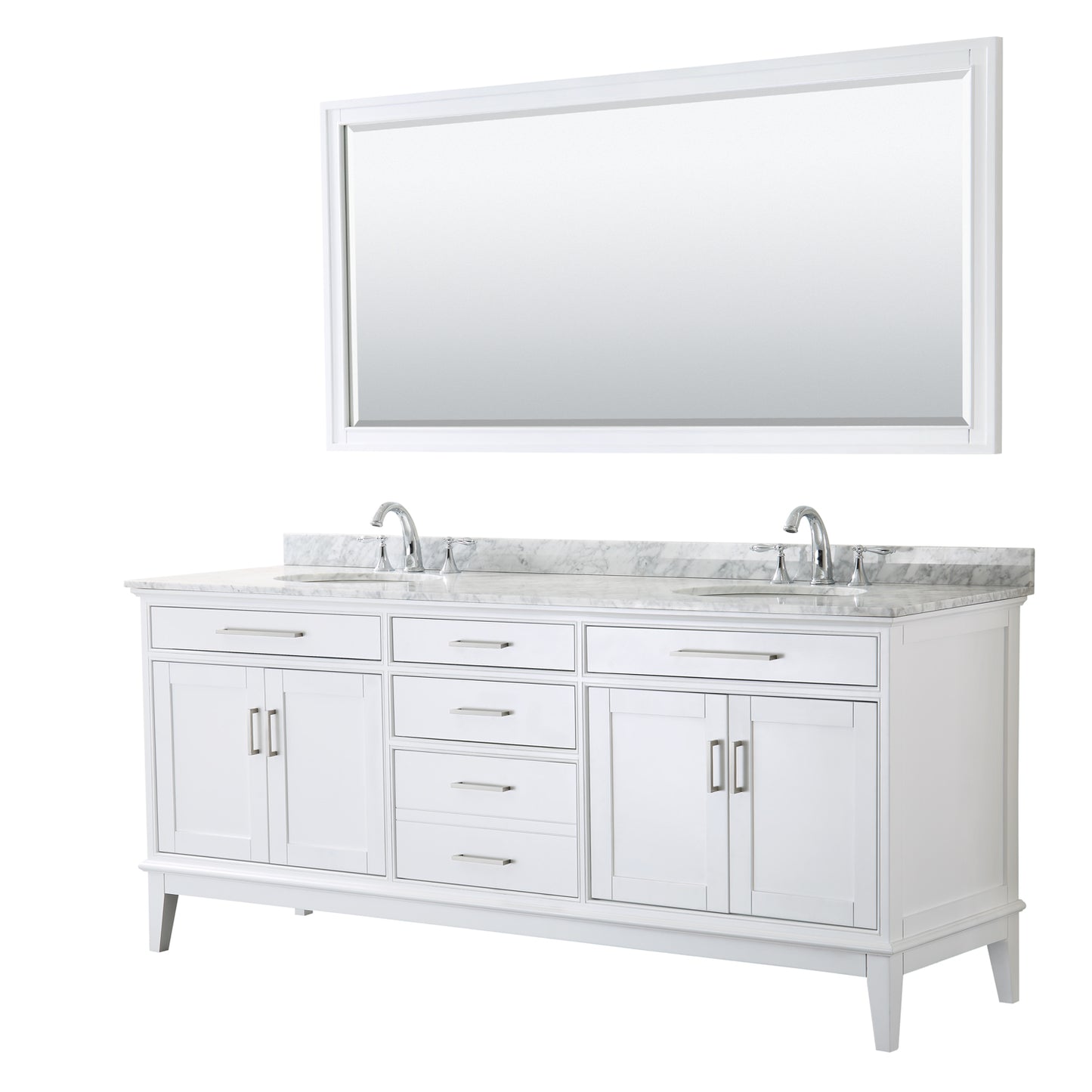 Margate 80 Inch Double Bathroom Vanity in White, White Carrara Marble Countertop, Undermount Oval Sinks, and 70 Inch Mirror