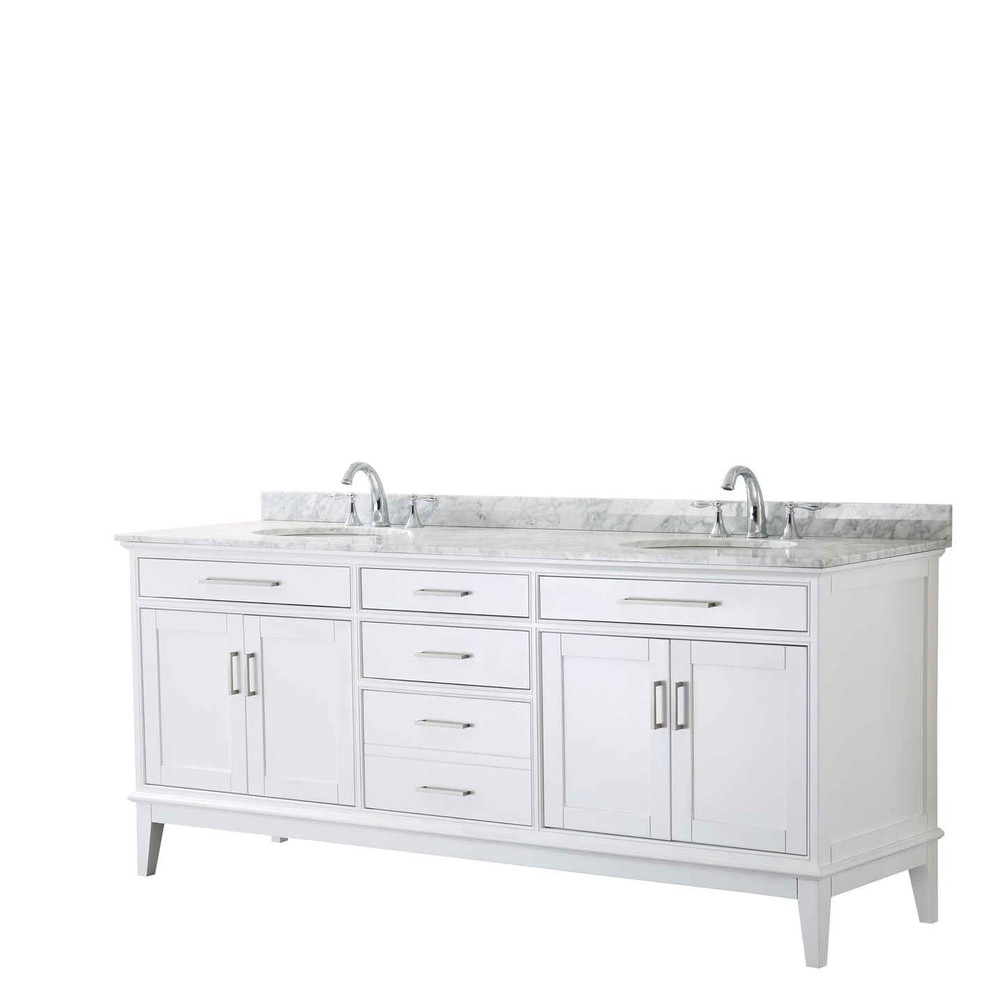 Margate 80 Inch Double Bathroom Vanity in White, White Carrara Marble Countertop, Undermount Oval Sinks, and No Mirror