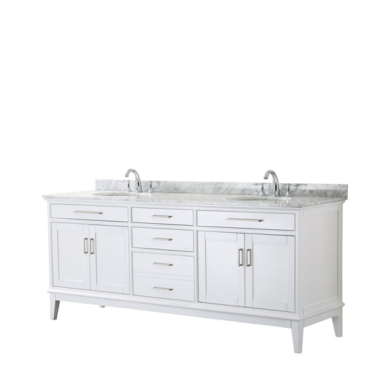 Margate 80 Inch Double Bathroom Vanity in White, White Carrara Marble Countertop, Undermount Oval Sinks, and No Mirror