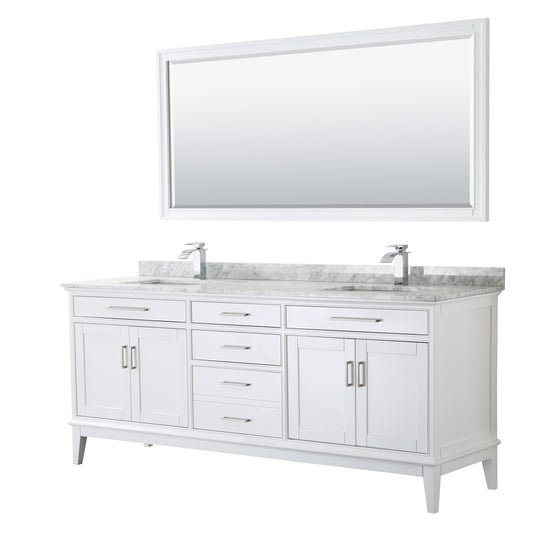 Margate 80 Inch Double Bathroom Vanity in White, White Carrara Marble Countertop, Undermount Square Sinks, and 70 Inch Mirror