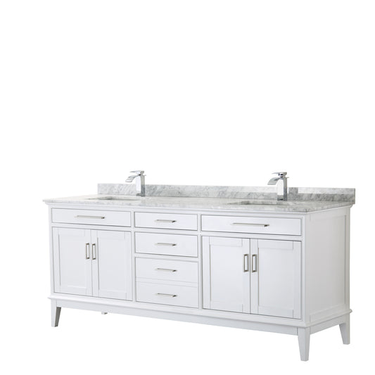 Margate 80 Inch Double Bathroom Vanity in White, White Carrara Marble Countertop, Undermount Square Sinks, and No Mirror