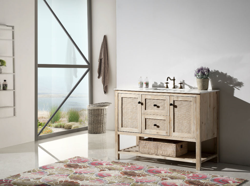 48" Solid Wood Sink Vanity With Marble Top, No Faucet