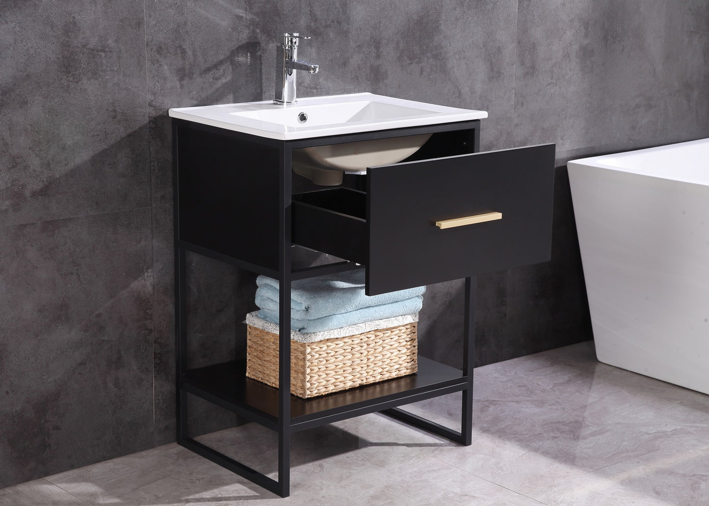 24" Black Finish Sink Vanity With Black Metal Frame-Pvc