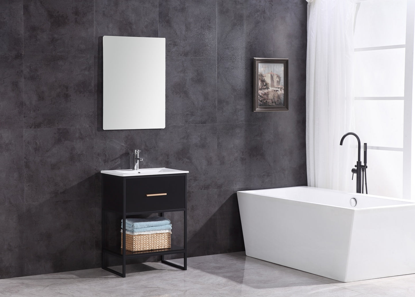 24" Black Finish Sink Vanity With Black Metal Frame-Pvc